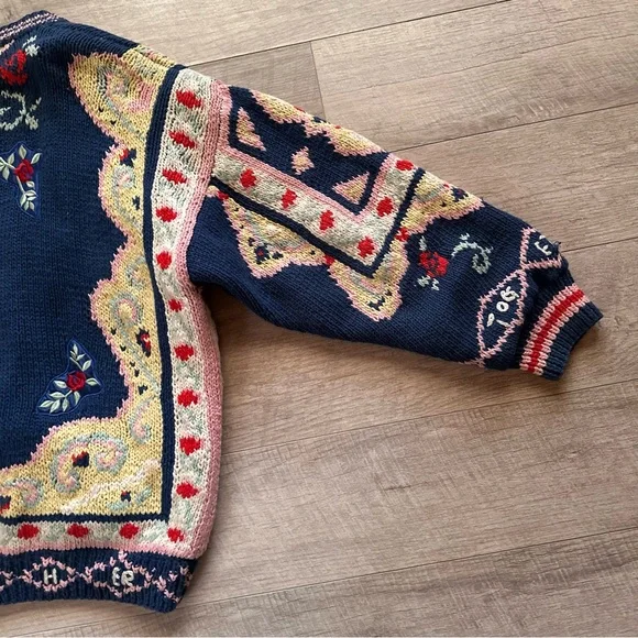 90s Together! Sweater Blue Yellow Knit Embroidered Button Up Cardigan - Picture 14 of 14